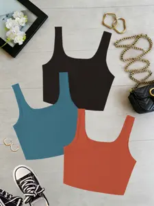 Three-Piece Solid Color Square Neck Sleeveless Vest Set, Slim-Fitting Casual Basic Top, Versatile Foundation Wear