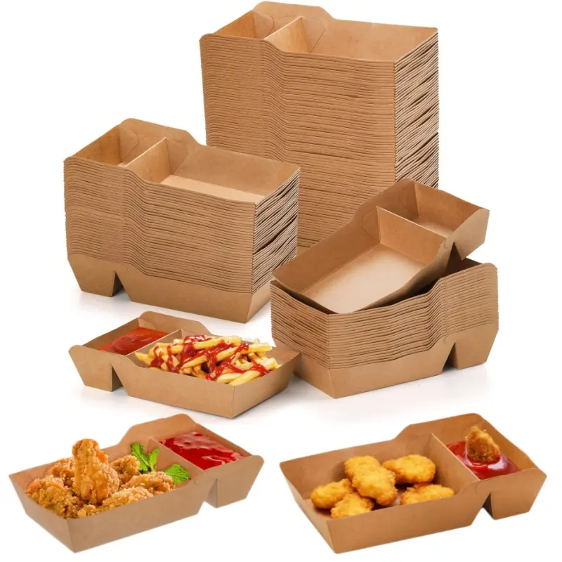 100pcs Disposable Eco-Friendly Food Boat Tray Pack - Takeout & Food Storage Containers for Camping Catering - Ideal for Sandwiches, Snacks (Camp Kitchen, Sports & Outdoor Use), Box, Party, Vintage, Kraft Paper, Concession Stand