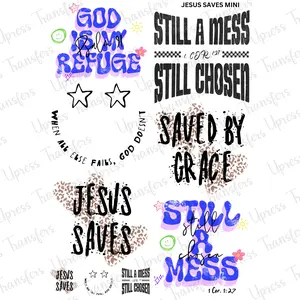 Jesus Saves Mini DTF Transfer Gang Sheet 24.5" wide x 36" long. Direct To Film Mini Gang Sheet