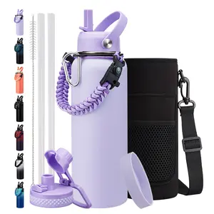 40oz Insulated Water Bottle with Straw - Spout Lids, Paracord Handle, Shoulder Carrier Bag,Bottle Sleeve with Strap, Paracord Handle, 32oz Flask Purple Metal Water Canteen, Stainless Steel Water Jug for Sports Gym Woman Girls