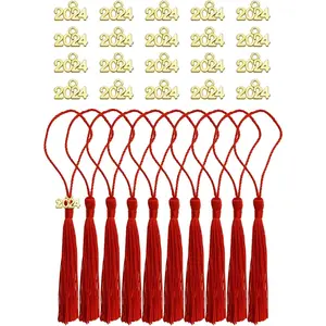 10 count Mini Silky  Bookmark Tassels with 20 count 2024 Year Charms for Graduation  Earring  Making Wedding Favors Souvenir Gifts Tags DIY Craft Projects, Red &