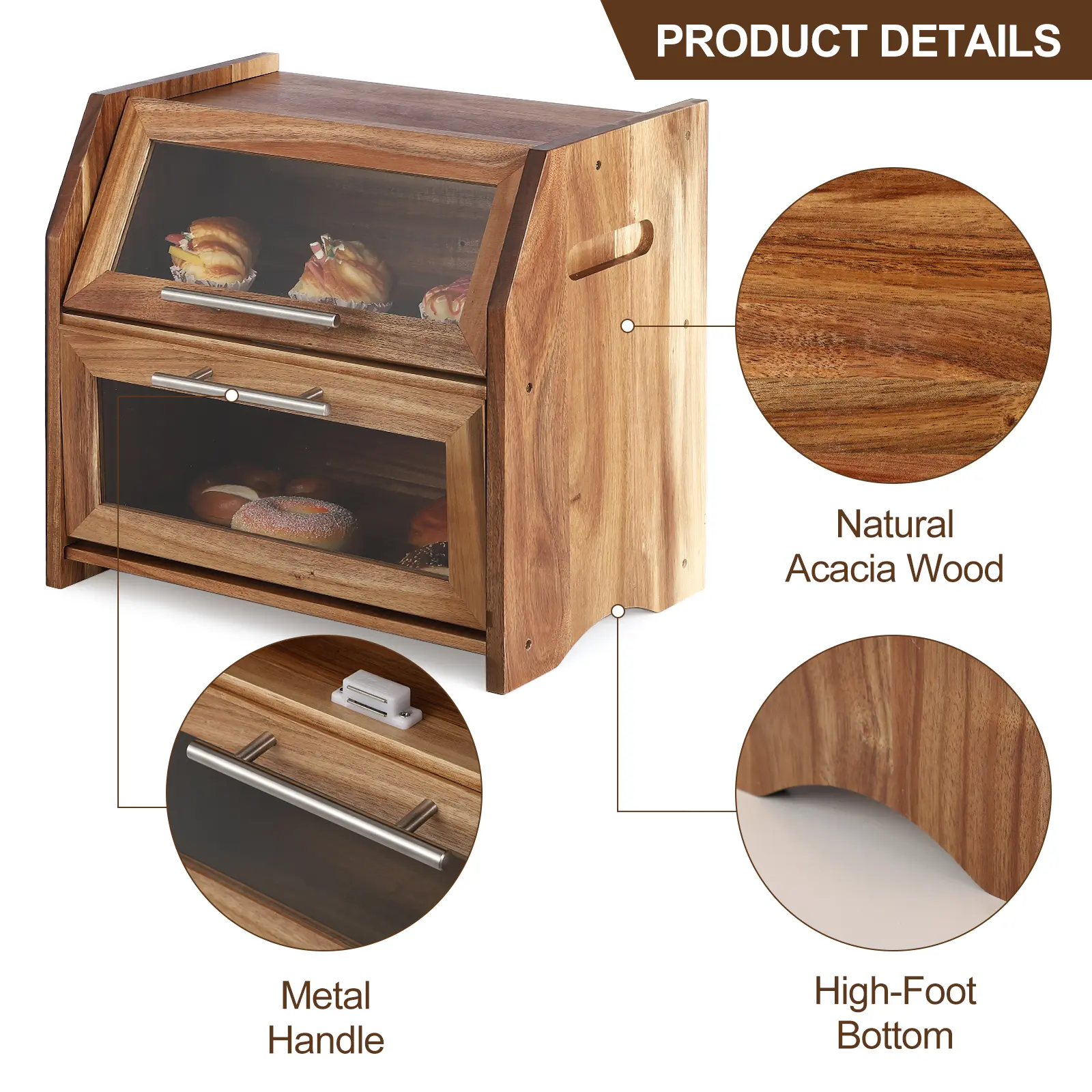 Extra Large 2-Tier Acacia Wood Food Storage Bin with Clear Acrylic Doors & Air Vents, Rustic Countertop Bread Storage Container, Multipurpose Organizer for Bread, Bagels and Rolls in Kitchen