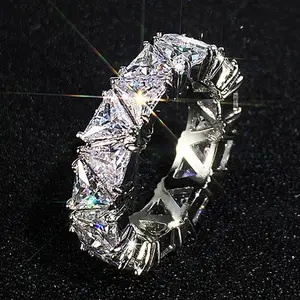 Plating  Silver Engagement Promise Ring for Women Eternity Ring, Triangle Cushion Cut Cubic Zirconia CZ Fine Ring, Full Eternity Wedding Band