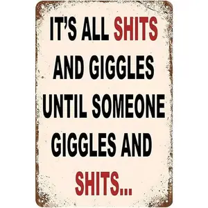 12x8 Inch "It's All Giggles & Fun Until..." Vintage Metal Tin Sign, Funny Bathroom Wall Art Decor for Farmhouse, Restroom, Home Bar, Humorous Rustic Plaque