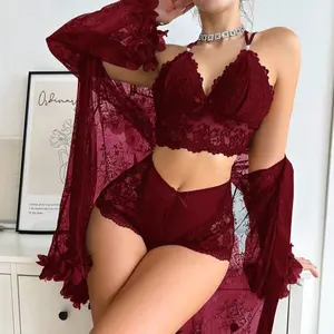 Lace See-through Chemise Nightgown Set Women's Sexy Sleepwear Three-piece Polyester Net Gown