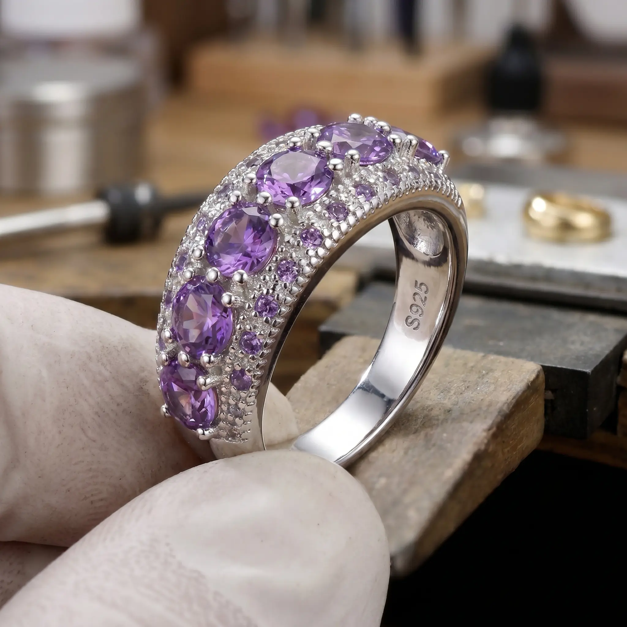 925 Sterling Silver Ring Round Purple CZ, Created Pink Topaz & Amethyst,  Elegant Silver Ring Gift for Women Art Deco Engagement Ring Multi Cut Cluster Ring, Elegant Sterling Silver Ring Jewelry Gift