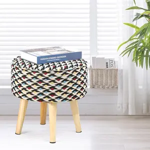 Adeco Round Linen Fabric Footrest Stool Ottoman, Modern Upholstered Footrest Side Table with Padded Seat and Wooden Legs