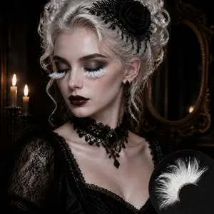 [Goth Lashes White] Dorisue Feather Eyelashes White — Ethereal Petal Fan False Lashes for Dark Bridal, Ice Cosplay, Mermaid Editorial, Snow Queen Fantasy Events, Theatrical, Reusable (White/Ivory)