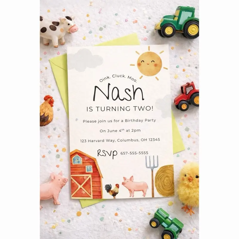 Farm Birthday Invitation with Envelopes Barnyard 2nd Birthday Party Invitations for Kids with Barn Pig and Rooster Design