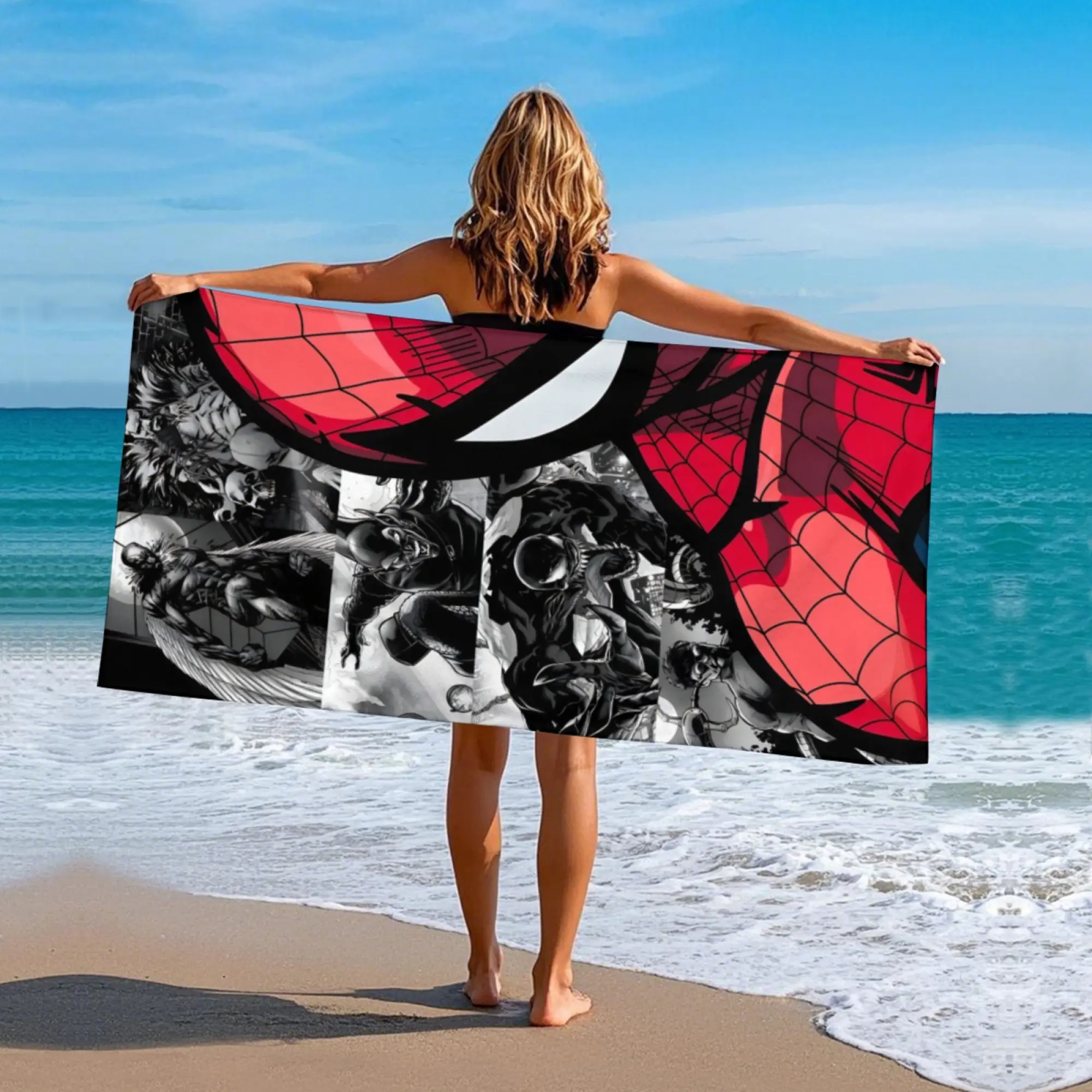 [SummerVibes] MARVEL Spider-Man & Venom Symbiote Beach Towel - High Contrast Comic Book Art, Soft, Absorbent, Sand-Proof Towel for Pool & Beach