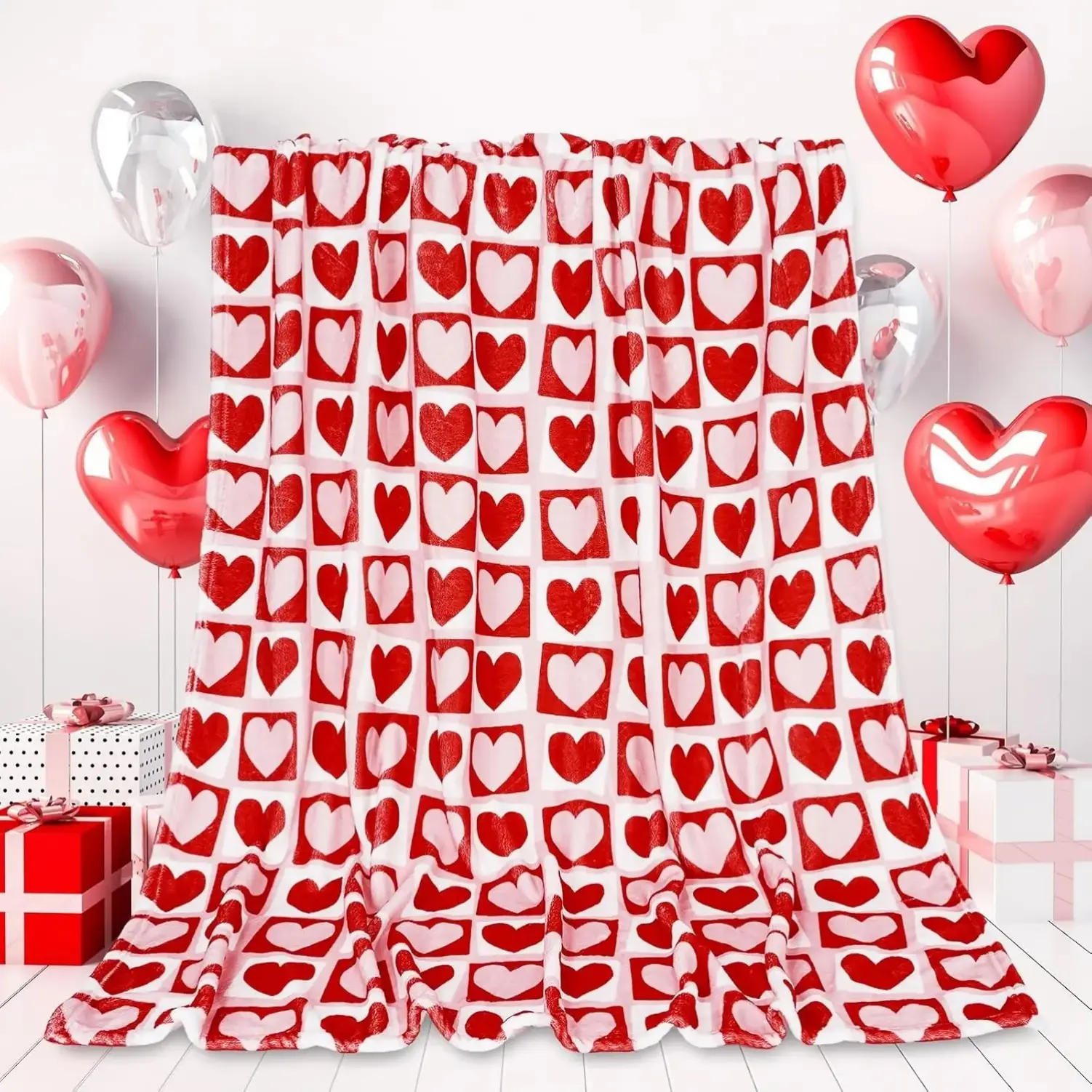Valentine's Day Fuzzy Flannel Throw Blanket, Red Pink Heart Plaid Design, Soft Cozy Decorative Blanket for Couple Home Bed Sofa Couch