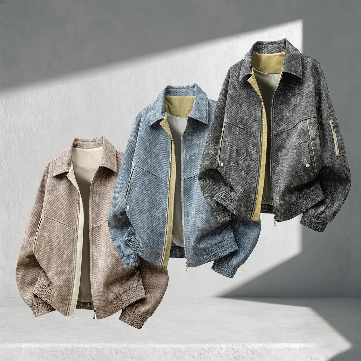 Men’s Vintage Washed Textured Jacquard Coat - Menswear Long-Sleeve Top, Denim-Look Finish, Turn-Down Collar, Contrasting Lining, Zipper, Multiple Pockets, Elastic Cuffs, Fashion Casual Street Outerwear for Spring & Autumn Everyday Wear, Coats