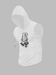 Men's Regular Fit Cross & Hand Print Hooded Tank Top, Casual Sleeveless Top for Daily Wear, Men's Clothes for All Seasons, Sweatshirts, Casual Fashion Sweatshirt, Muscle Sweatshirt, Casual Street Fashion