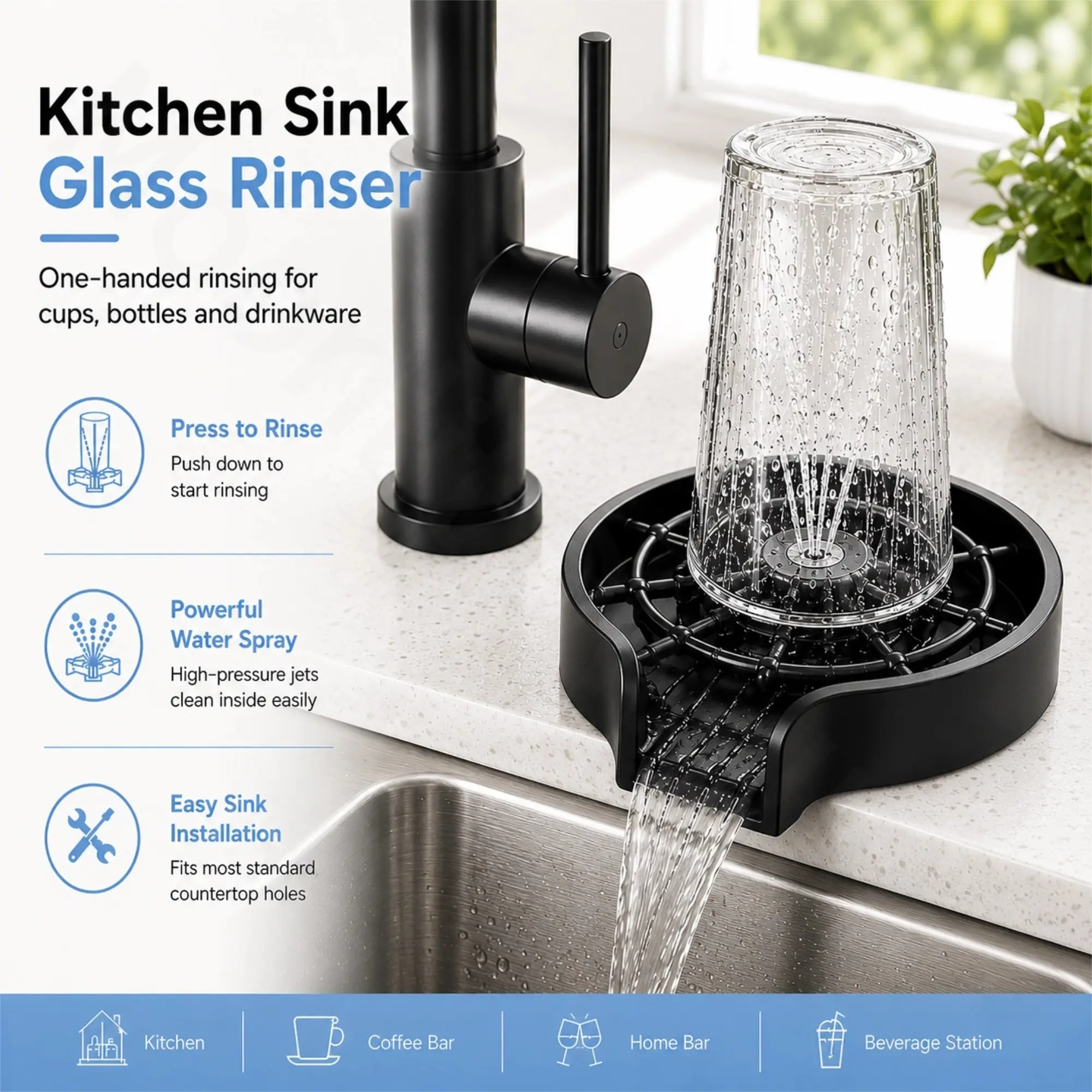 Glass Rinser for Kitchen Sink, Matte Black Cup Washer and Bottle Cleaner, Press-Activated High Pressure Sink Attachment for Baby Bottles, Tumblers, Coffee Cups and Wine Glasses, Supply Hose Included