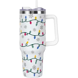 Christmas Tumbler with Handle and Straw Lid 40 oz,Cute Christmas Gifts for Women Xmas Lights Snowflakes Vacuum Insulated Leak Proof Tumbler,Winter Holiday Accessories Stainless Steel Coffee Cup Mug