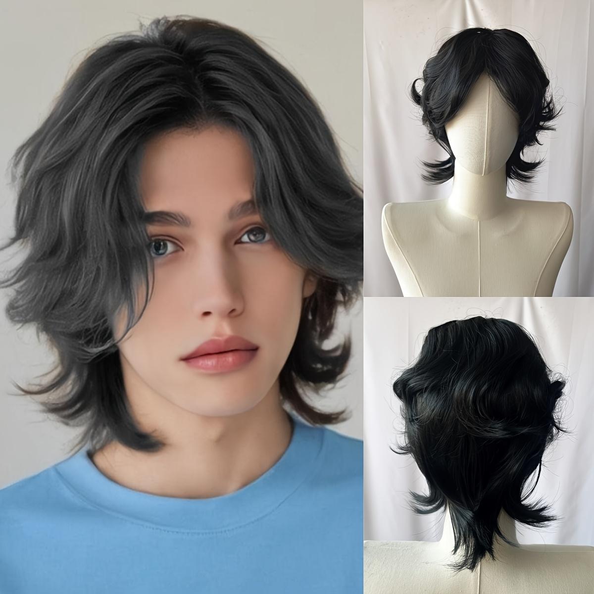 Men's Short Wig Wolf Tail Mullet Cosplay Halloween Wig with Button Net, Easy to Wear