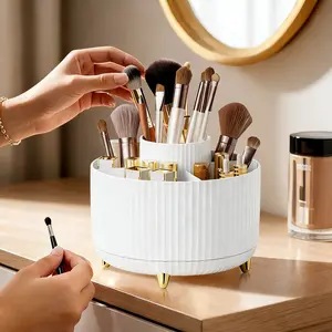 UFORU 360° Rotating Makeup Organizer 5 Compartments Luxury Stripe Cosmetic Brush Holder Multi-functional Desktop Storage Box for Brushes Lipstick Skincare Jewelry Stationery