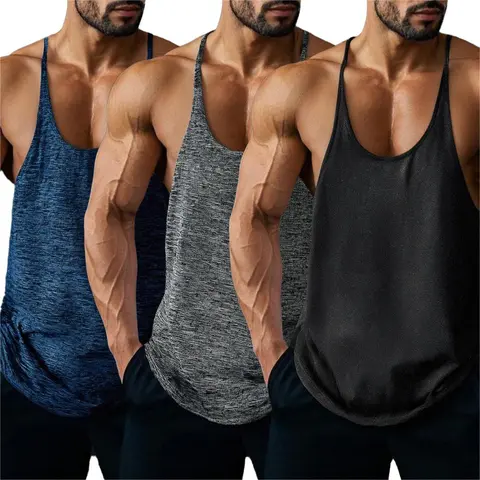 LEHMANLIN Men's Bodybuilding Y-Back Tank Top (3-Pack) — High-stretch, quick-drying, and breathable; features a thin-strap sleeveless design and tag-free construction; machine washable; suitable for gym workouts and beach vacations.
