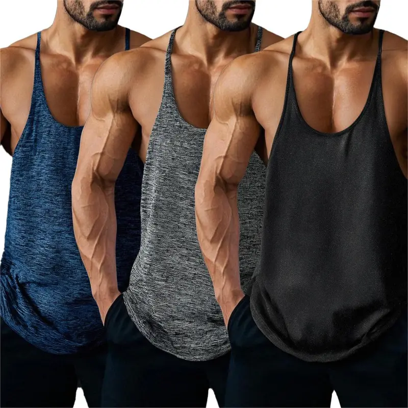 LEHMANLIN Men's Bodybuilding Y-Back Tank Top (3-Pack) — High-stretch, quick-drying, and breathable; features a thin-strap sleeveless design and tag-free construction; machine washable; suitable for gym workouts and beach vacations.