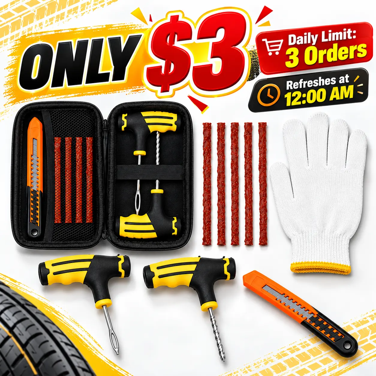 Tire Repair Kit for Tubeless Tires, T-Handle Reamer and Plug Insertion Tool with Tire Repair Strips, Utility Knife, Work Glove and Carry Case for Cars, SUVs, Trucks, Motorcycles & ATVs - Not Compatible with Scooters Sold in Our Store