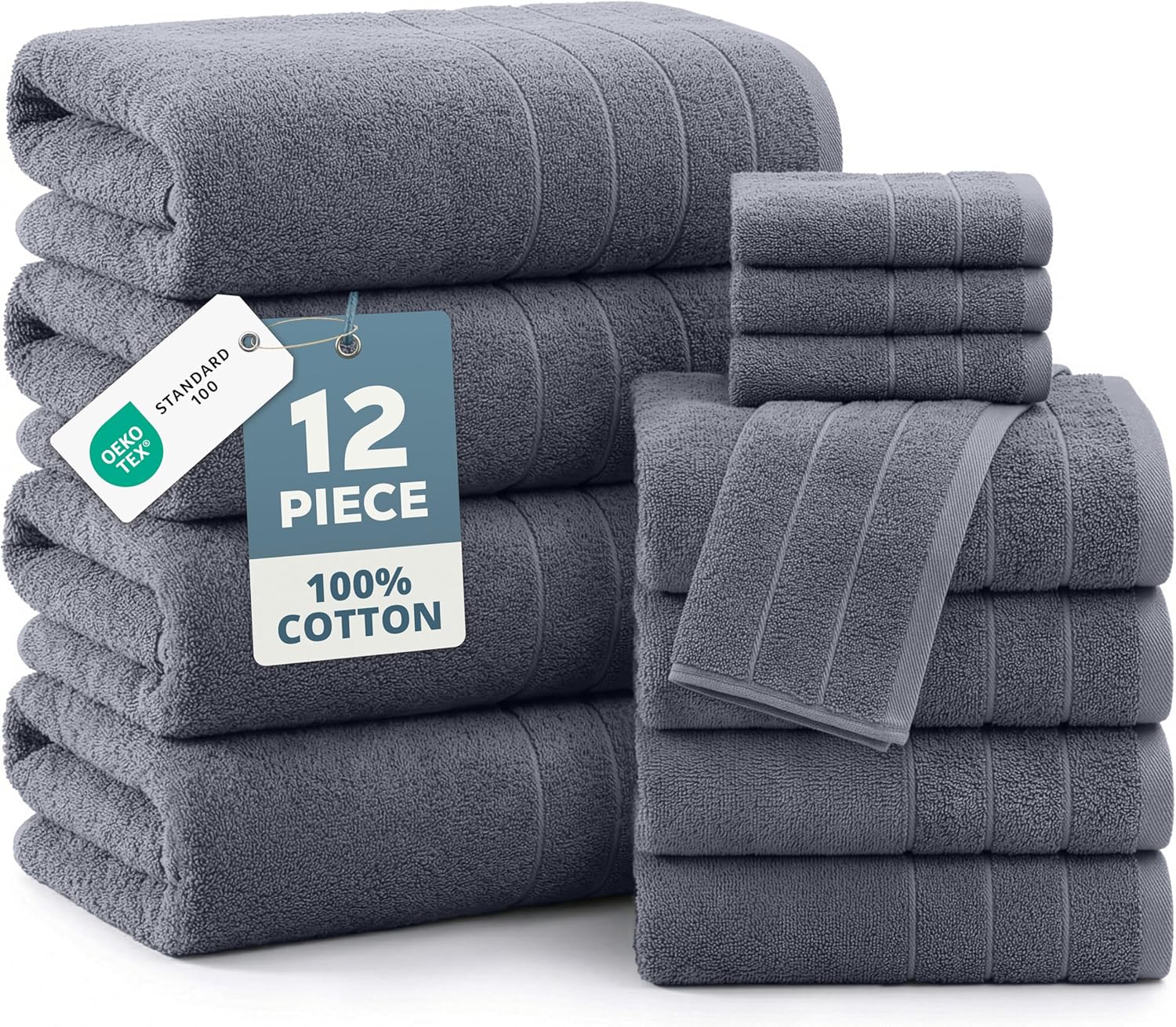 100% Cotton Towels Set for Bathroom - 12 Pc Family Pack - Super Soft & Quick Dry - 4 Bath, 4 Washcloth, 4 Hand Towels - Oeko TEX Certified, Machine Washable & Durable - Cool Grey 100% Cotton Towels Set for Bathroom - 12 Pc Family Pack - Super Soft & Quick Dry - 4 Bath, 4 Washcloth, 4 Hand Towels - Oeko TEX Certified, Machine Washable & Durable - Cool Grey