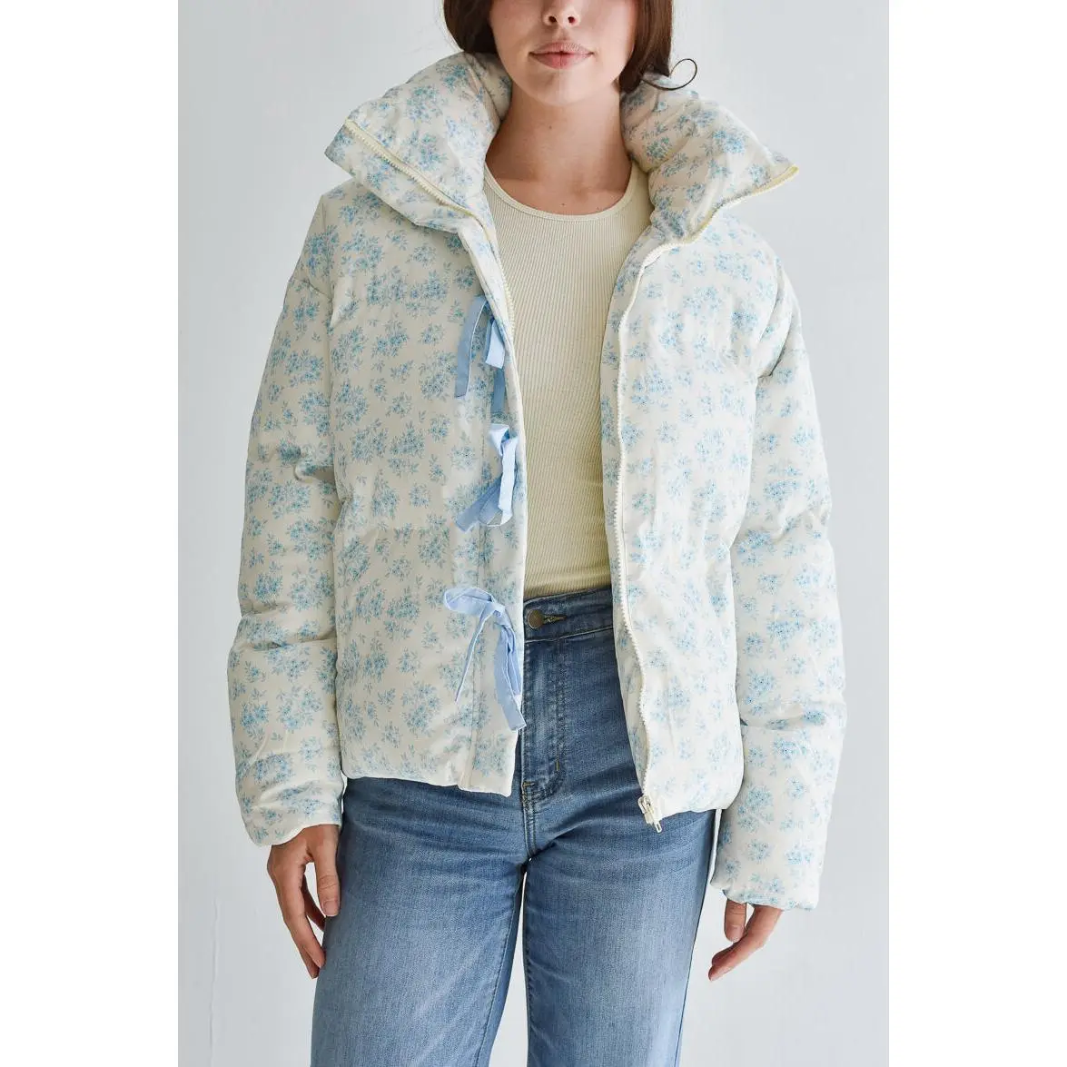 Lark Blue and White Floral Puffer Jacket