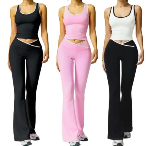 Women's 2-Piece Yoga Athleisure Street Fit Set - Patchwork Crop Tank Top, Contrast Binding, Backless Design, High-Waist Flared Pants for Summer Gym Fitness Outfits, Workout Sets Women