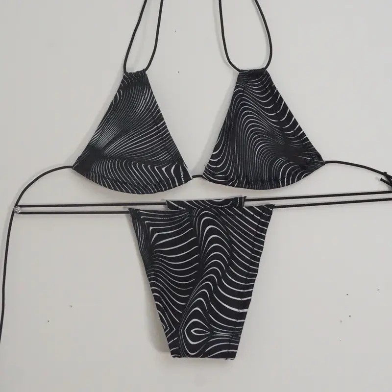HYPNOTIC ivhoney Black White Illusions Stripes Triangle Top Thong Bottom Set for Women