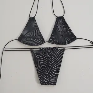 HYPNOTIC ivhoney Black White Illusions Stripes Triangle Top Thong Bottom Set for Women