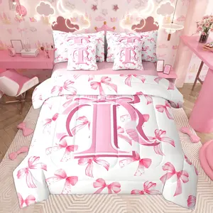 Kids Girls Cute Pink Bow Comforter Set with Sheets Full Size Monogrammed 7 Piece Bedding Set Personalized Initial I Bed in a Bag with Comforter,Sheets,Pill