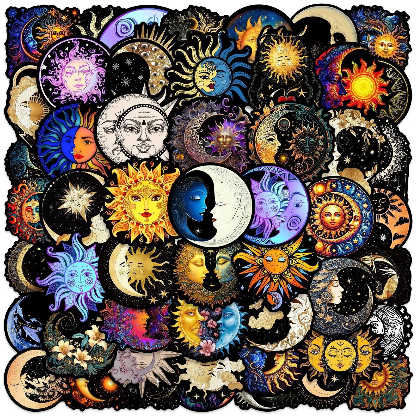 Moon & Sun Series Graffiti Sticker, Decal Sticker, Decoration Sticker, Art Stickers, Sticker Packs, 50pcs/set Waterproof Self Adhesive Decor Paper, Decorative Stickers for Gift Greeting Card Water Bottle Laptop Phone