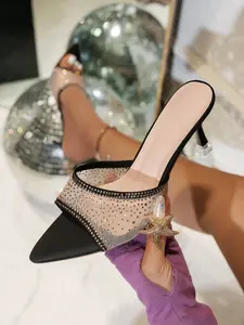Women's Summer Mesh Rhinestone High Heels, glitter strappy sandals, Elegant Style Shoes for Girls, Perfect for Christmas Halloween New Year Parties, Party Footwear
