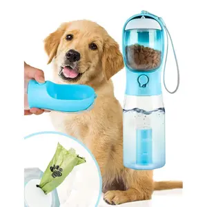 3in1 Pet Water Bottle with Poop Bag Dispenser, 20oz BPA Safe Leakproof Seal Container, Compact Spill-Free Design for Travel, Hiking (Dog & Cat Feeding Accessory)