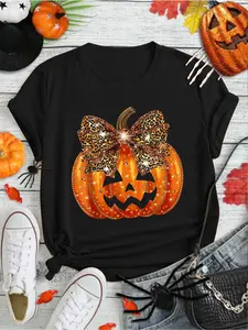 100% Cotton Pumpkin Leopard Coquette Bow Girly Women Girls Halloween T-Shirt Print Round Neck Short Sleeve Streetwear Fashion Breathable Homme Soft Unisex Designer Clothes For Women Casual Clothes Iron-on Transfer Tee