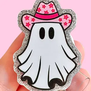 Glitter My Badge Western Halloween Spooky Season ghost nurse badge reel for nurse and hospital workers. Badge clip Badge pull - Retractable swivel clip with a 360 rotation. Great gift for coworker.