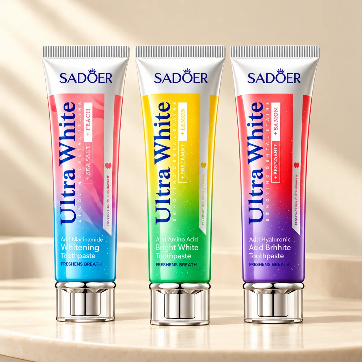 Ultra White Toothpaste 3 Pack by SADOER, Lemon, Peach and Cherry Blossom Flavor Variety, Daily Oral Care Toothpaste Set for Adults, Fresh Breath Essentials for Home, Dorm Bathroom and Travel Oral