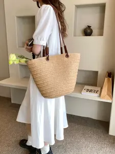 Women's Boho Handwoven Straw Bag, Summer Commuter Tote, Large Capacity Shoulder Bag, Versatile Beach Vacation Bag