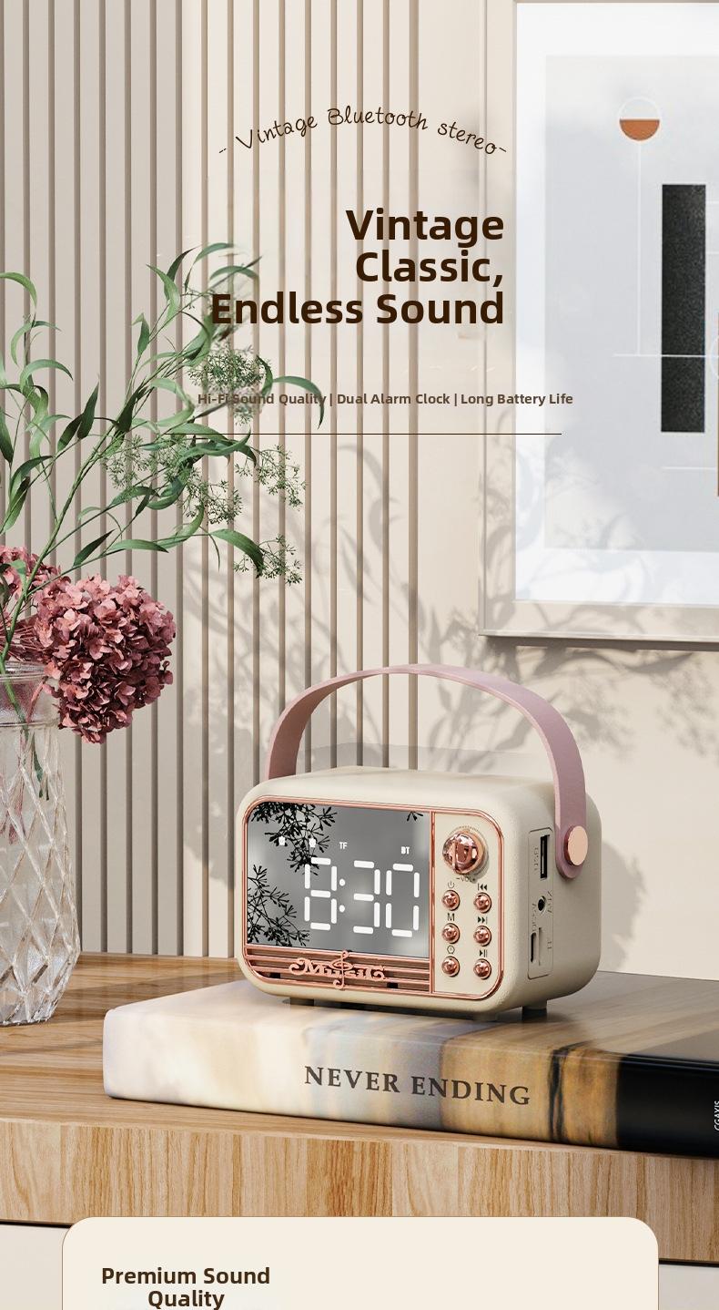 Retro-style wireless Bluetooth-compatible speaker, multi-functional portable mini speaker, time display with alarm setting, home, office, outdoor travel music player, Mother's Day gift