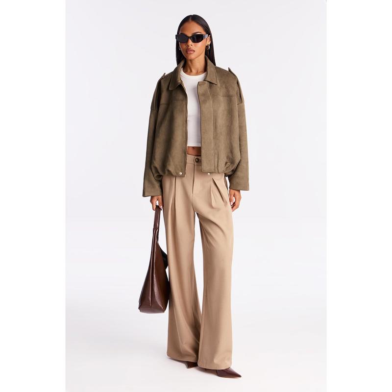 Harlowe Oversized Faux Suede Jacket - Olive