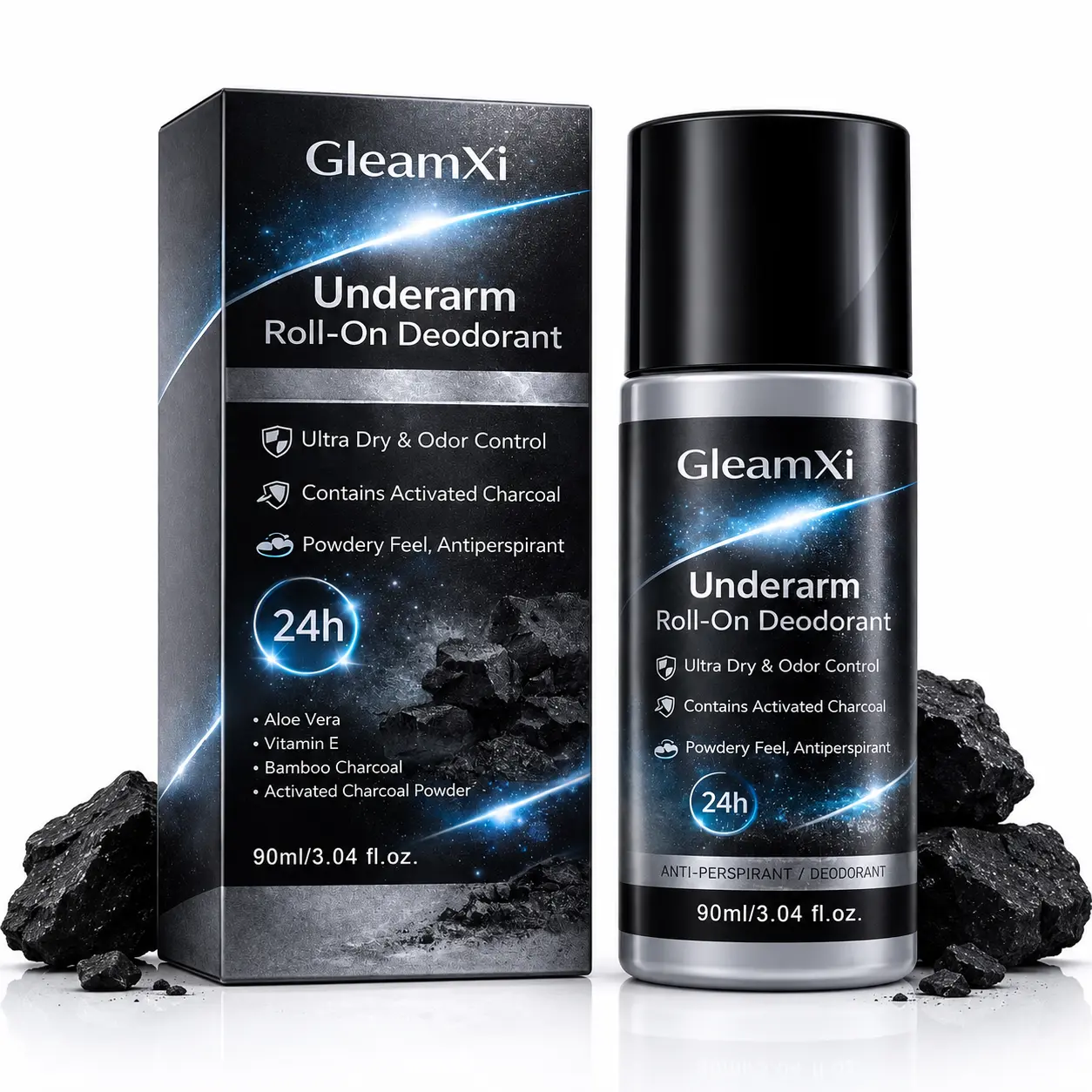 Underarm Roll On Deodorant with Activated Charcoal Odor Control Quick Dry Powdery Feel for Daily Personal Care at Home Work Gym and Travel