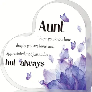 Acrylic Heart Shaped Ornament, Creative Letter Pattern Desktop Decoration, Desk Decorative Ornament for Home Office, Gift for Aunt