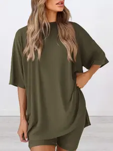 Women's Summer Casual Two-Piece Set, Round Neck Shirt & Side Pocket Bike Shorts, Soft Glue Fabric, Comfortable Home Wear
