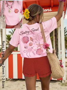 Women's Pink Coastal Graphic Tee, Starfish & Shell Design, Casual Beach Tee For Summer & Vacation