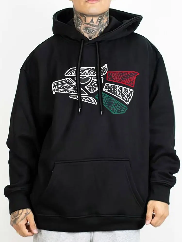 Men's Unisex Cotton Fabric Oversized Loose Short-Sleeve Mexican Eagle Graphic Hoodie Sweatshirt, Chicano Style Cholo Lowrider Mexican Art Streetwear Menswear Casual Top
