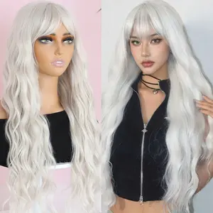 Long Silver White Hair Wigs for Women Synthetic Platinum White Wig with Bangs Wavy Costume Cosplay Wig For Girls Daily Use Wear, Halloween & Cosplay