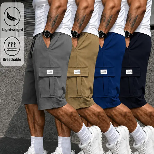Men’s four-piece shorts set: brown, black, and green, with slant-pocket design; multifunctional casual everyday cargo shorts set; men’s fashion shorts (beige athletic style).