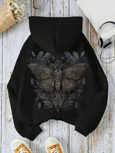 Women'S Gothic Moth & Floral Print Hooded Sweatshirt - Elegant Winter Pullover with Pockets, Soft Long Sleeve Casual Sweater for Christmas Parties & C christmas cartoon dog shirt