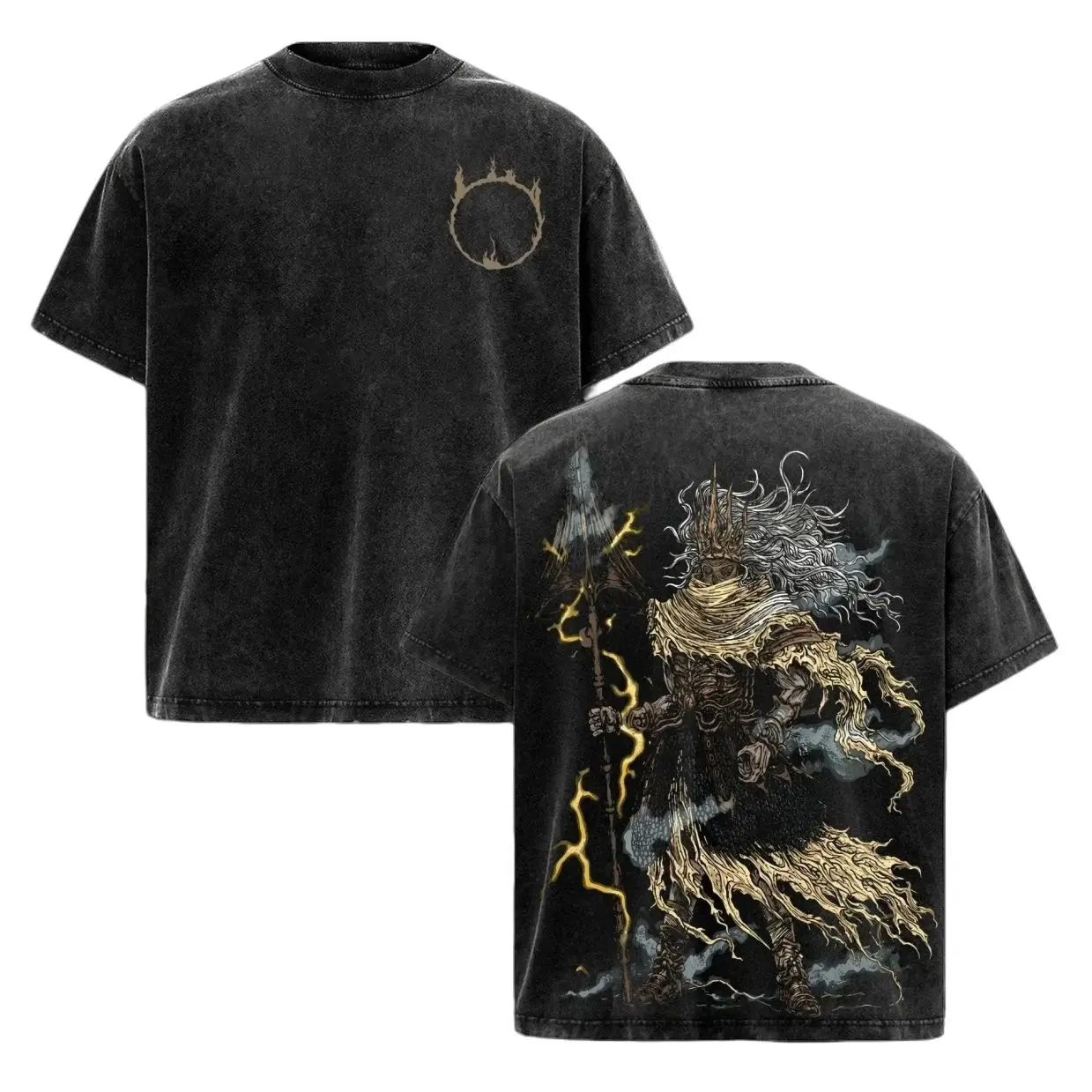Dark Souls Inspired Nameless King Graphic Tee - Vintage Washed Oversized Heavy Cotton T-Shirt for Men & Women, Double Sided Grim Reaper Animecore Streetwear, Soulsborne Gamer Gift, Y2K Grunge Aesthetic Graphic Top, Casual Alt Gamer Merch Apparel JY4