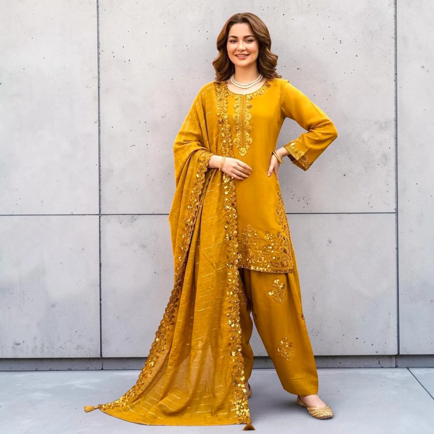 Embroidered Suit Set with Farshi Plazo & Jacquard Dupatta