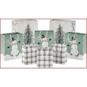 VELVETODS  Christmas Gift Bag Assortment (8 Bags: 3 Small 6", 3 Medium 9", 2 Large 13") White and Sage Green with Rustic Snowman, Plaid, Evergreen Tree for Christmas, Winter Weddings, Birthdays